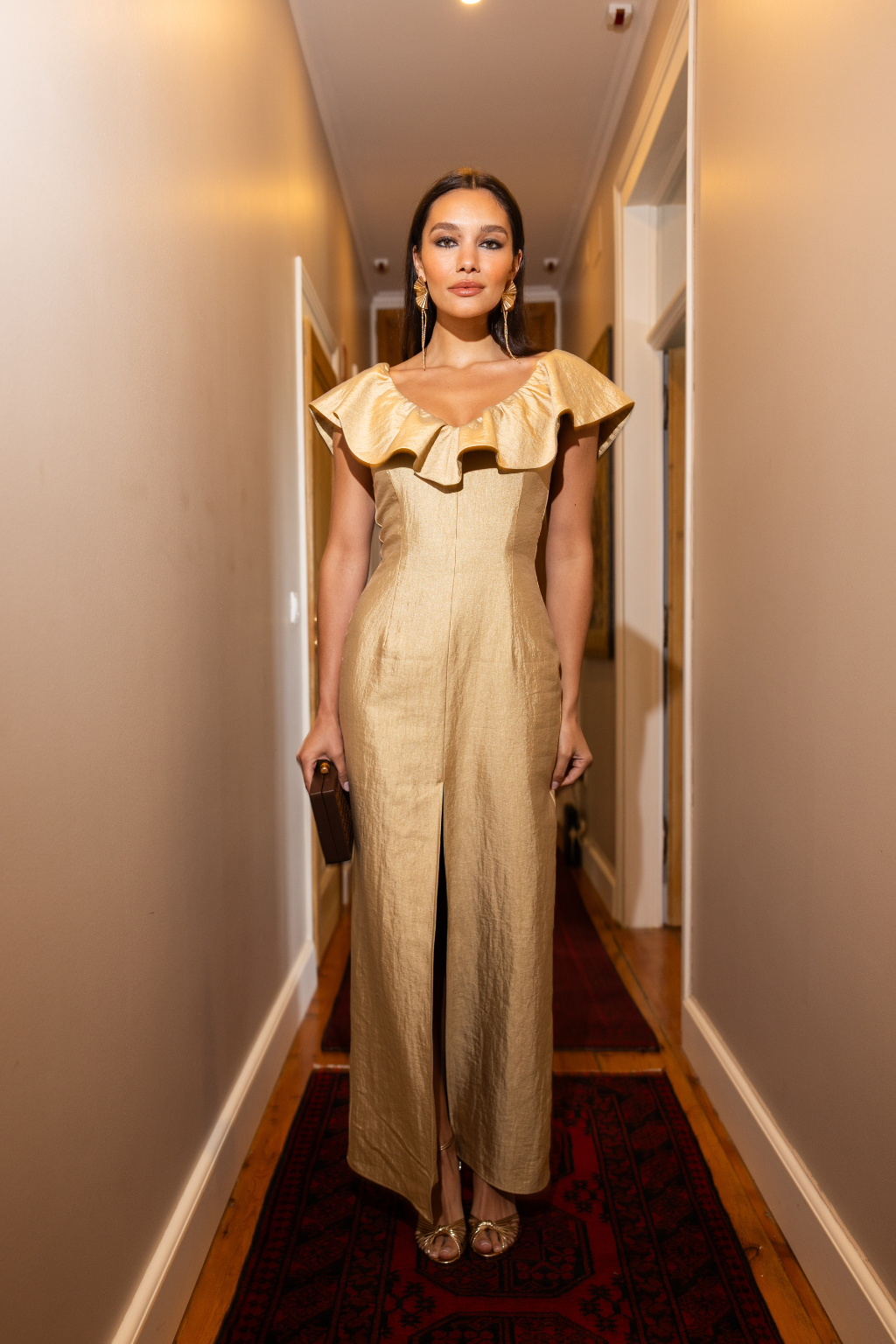 Elegant champagne beige wedding guest dress by NISIA