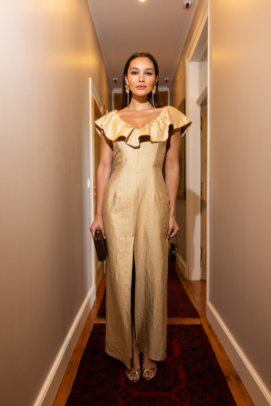Elegant champagne beige wedding guest dress by NISIA