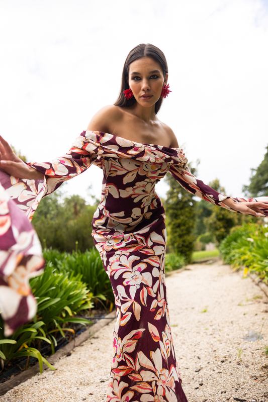 Burgundy floral wedding guest dress by NISIA