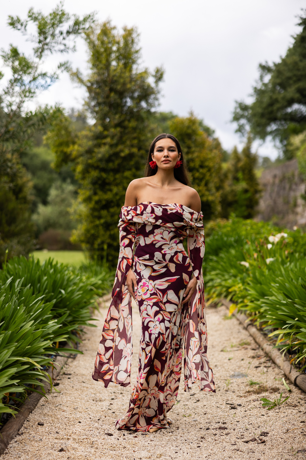 Elegant floral occasion dress in burgundy tones