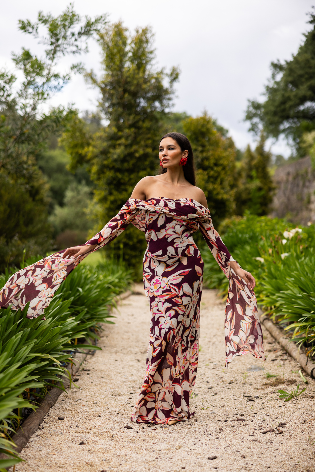 Off shoulder floral evening dress