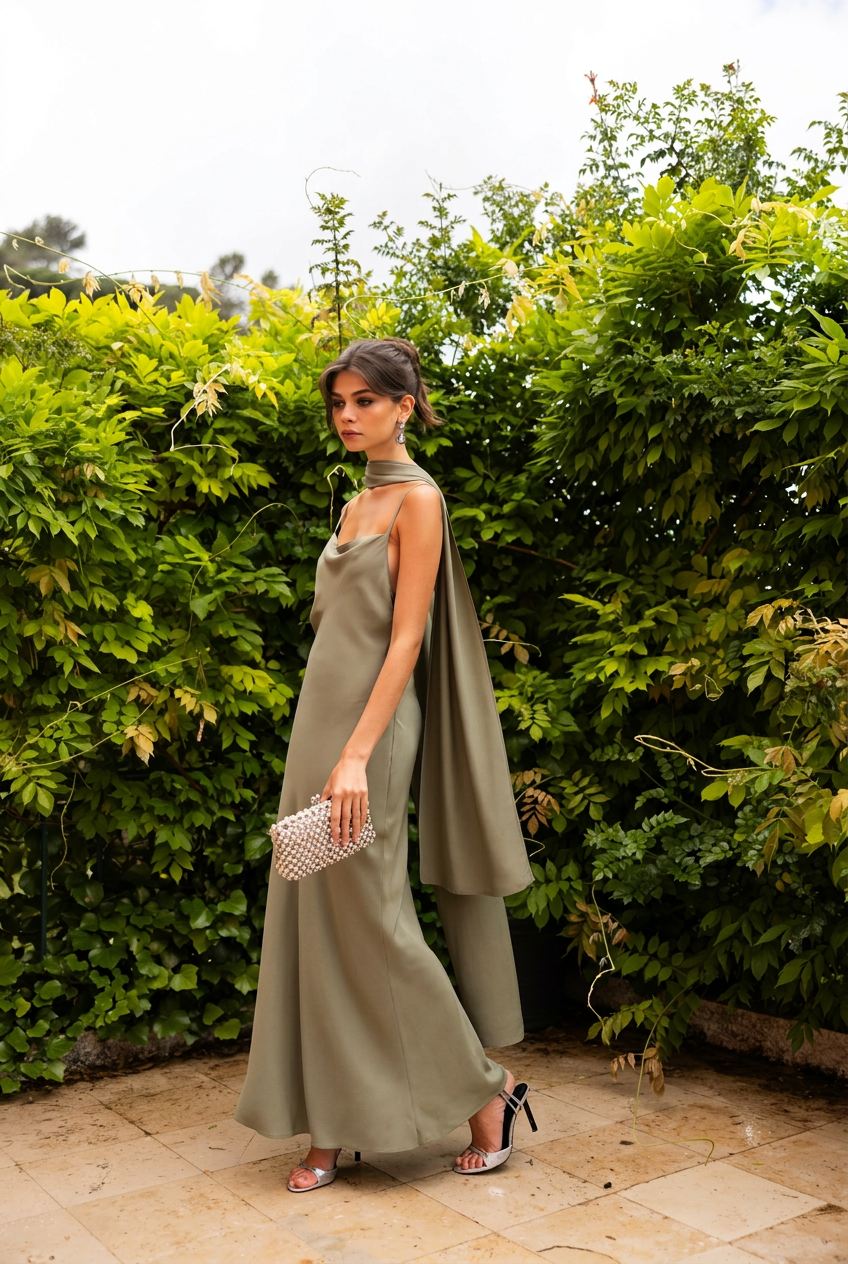 Elegant khaki wedding guest dress