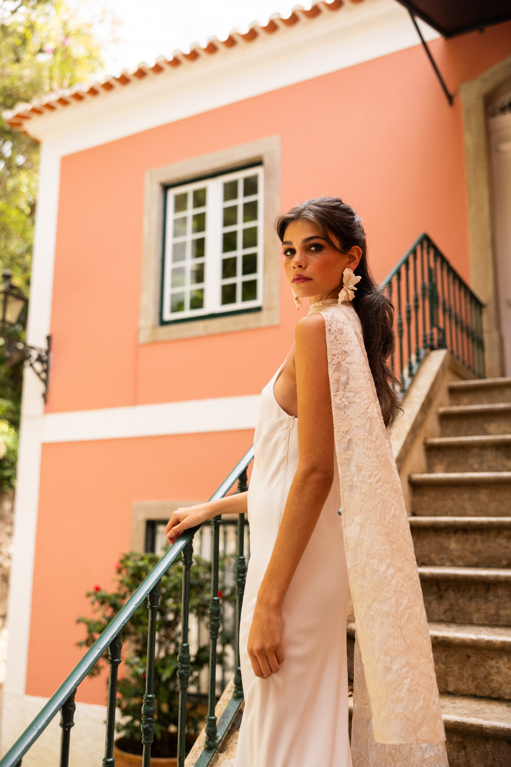 Elegant white dress with matching scarf
