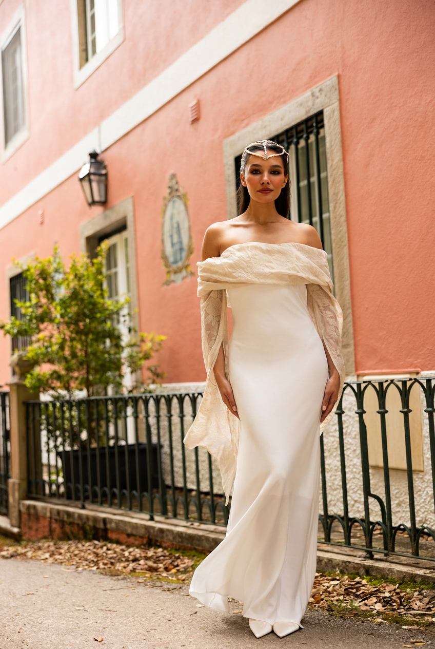 Contemporary bridal dress with fluid sleeves