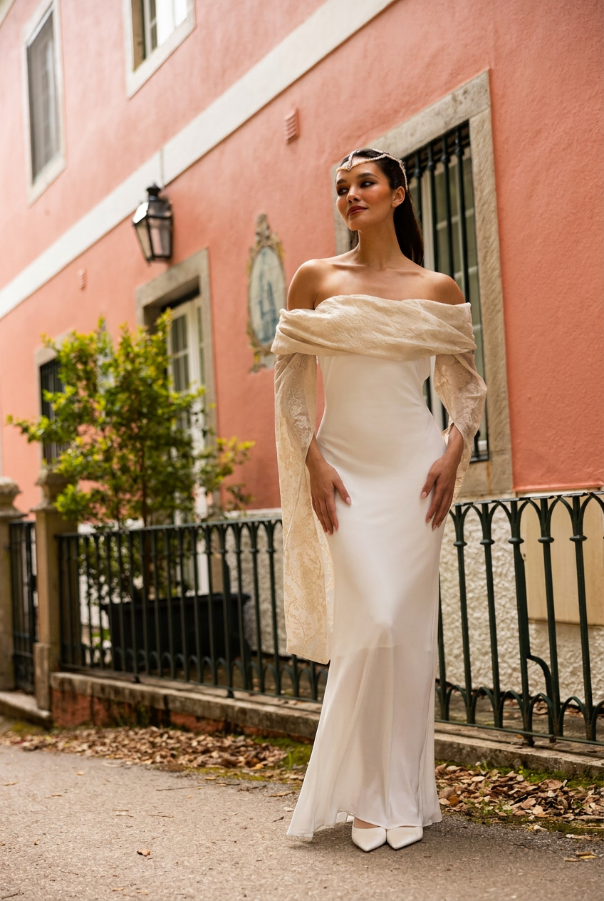 Elegant off shoulder white bridal gown