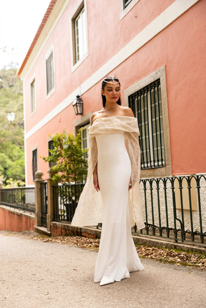 Contemporary bridal dress with fluid sleeves