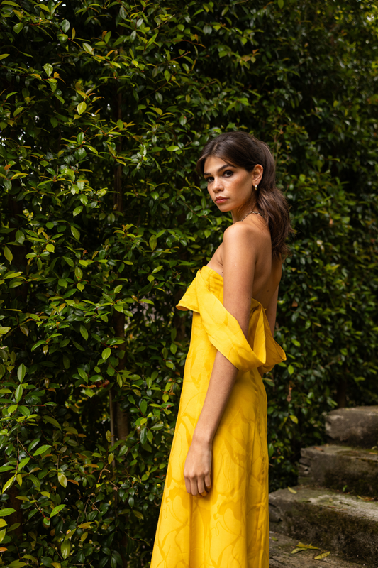Panadura Dress, Golden Saffron Print | Wedding Guest Dress